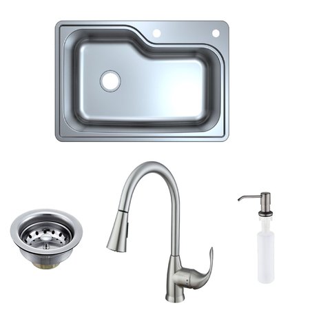 WASTEMAID All-in-One 33-inch Stainless Steel Kitchen Sink Combo with Brushed Nickel Pull-Down Faucet 60-WM-1000